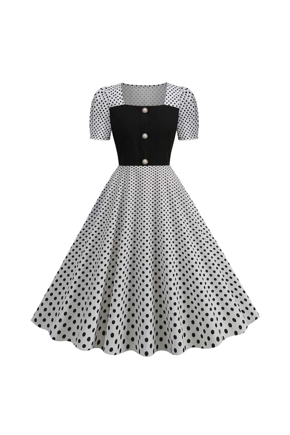 Women Short Sleeve Square Neck 1950s Retro Vintage Cocktail Party Dress Casual A-Line Work Dress Rom Party Vintage Dresses