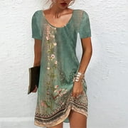 Xihbxyly Clearance Dresses Women's Short-Sleeve V-Neck T-Shirt Dresses Oversized Floral Print Loose Casual Tunic Summer Shirt Dress # 2024 Prime Day Deals Green XL