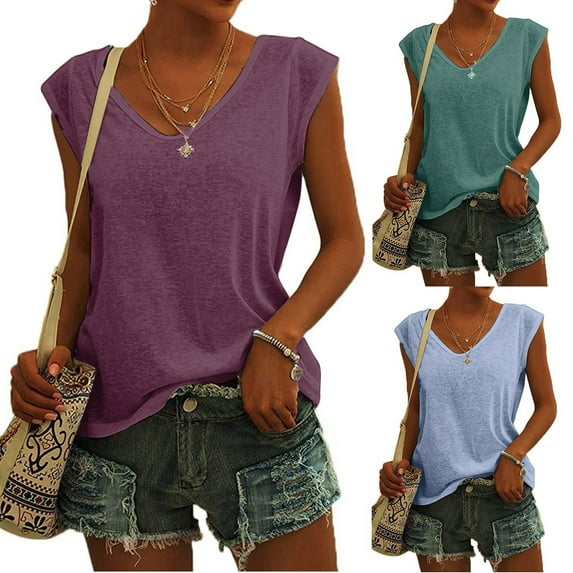 Xihbxyly Clearance Tops Dressy Tank Top for Women Women's Cap Sleeve Tank Tops U Neck Solid Color Casual Shirts Loose Fit Basic Blouse