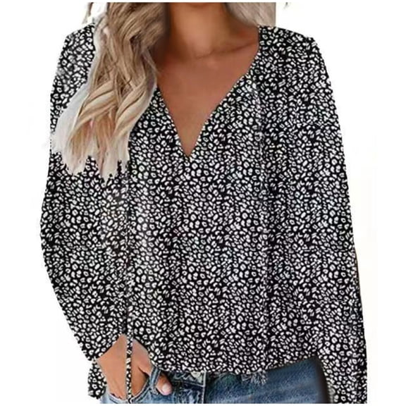 Xihbxyly Tops Long Sleeve Blouses for Women 2025, Women's Casual Boho Floral Printed V Neck Tops Drawstring Long Sleeve T Shirt Blouses