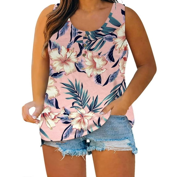 Xihbxyly Clearance Tops Plus Size Tunic Tops for Women Sexy Round-Neck Blouse Printing Lace Casual Loose Summer Sleeveless Tank