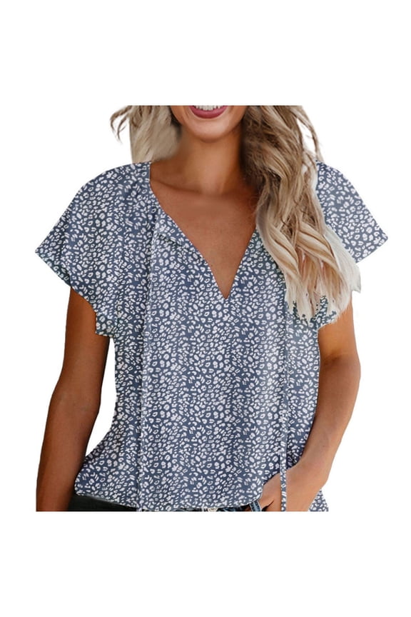 Tops Short Sleeve Blouses for Women 2025, Women's Casual Boho Floral Printed V Neck Tops Drawstring Short Sleeve T Shirt Blouses