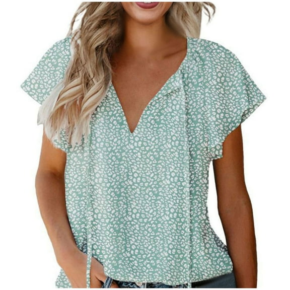 Xihbxyly Tops Short Sleeve Blouses for Women 2025, Women's Casual Boho Floral Printed V Neck Tops Drawstring Short Sleeve T Shirt Blouses