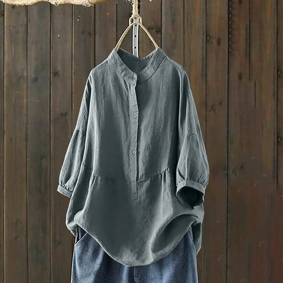 Xihbxyly Tops Tops for Women 2025 Women's Round Neck Long Sleeve Loose Button Cotton and Linen Tunic Shirts Summer Shirts Blouse