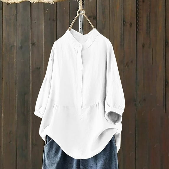 Xihbxyly Tops Tops for Women 2025 Women's Round Neck Long Sleeve Loose Button Cotton and Linen Tunic Shirts Summer Shirts Blouse