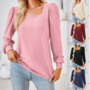 Xihbxyly Clearance Tops Tops for Women 2024 Women's Fashion Solid Color Square Neck Pleated Long Sleeve Loose T-Shirt Top Casual Loose Tunic Tops Blouses