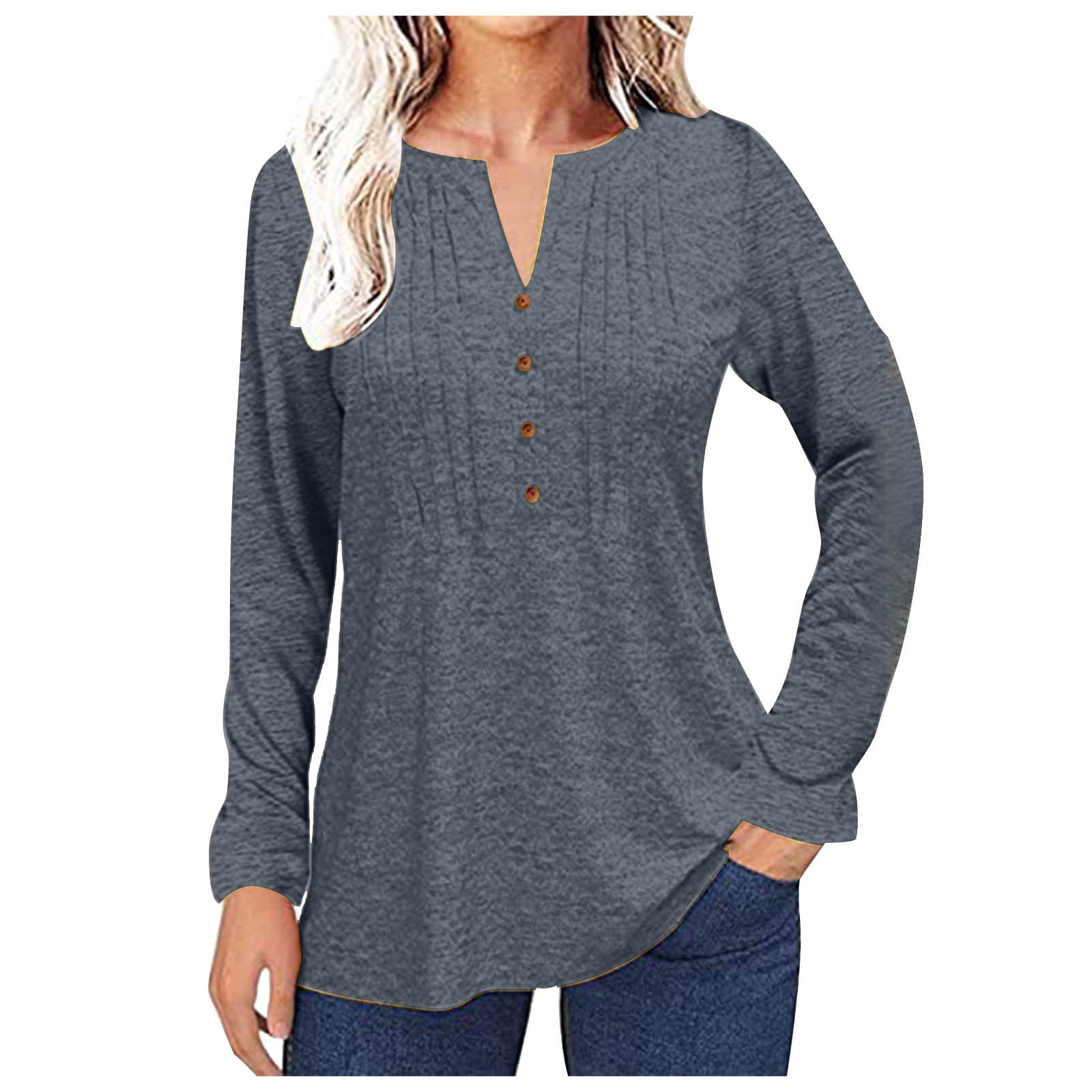 Xihbxyly Clearance Tops Women's Summer VNeck Long Sleeve Solid Button