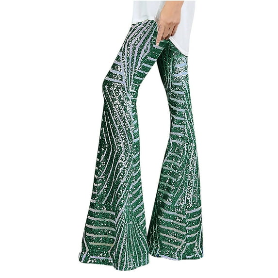 Xihbxyly Women's Sequin Flare Pants High Waist Wide Leg Palazzo Lounge Pants Bell Bottoms Trousers Loose Draping Pants Women's Pants Sequins Party Clothes Army Green S