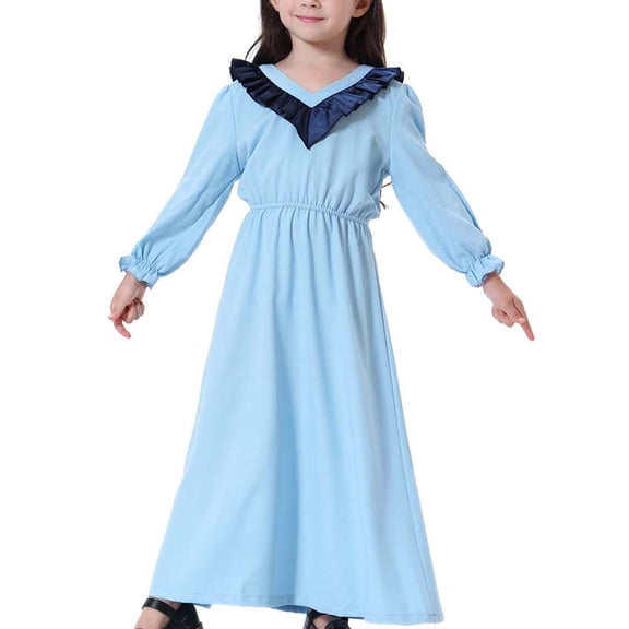 Xihbxyly Dress Girls Muslim Long Dress Medium Big Girls Long Sleeve V Neck Colorblock Dress