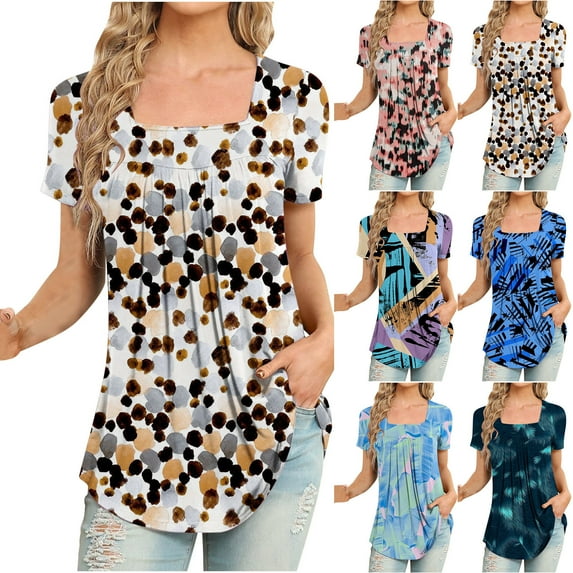 Xihbxyly Dress Shirts for Women, Women's Short Sleeve Tunic Shirt Pleated Mesh Blouses Summer Floral Tops Square Collar Loose Pleated Blouse Tunic Tops to Wear with Leggings # Summer Clearance #5