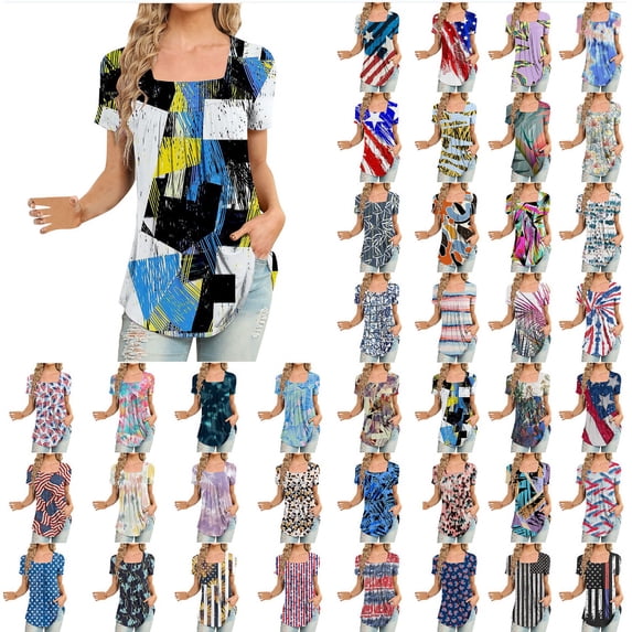 Xihbxyly Dress Shirts for Women, Women's Short Sleeve Tunic Shirt Pleated Mesh Blouses Summer Floral Tops Square Collar Loose Pleated Blouse Tunic Tops to Wear with Leggings #1