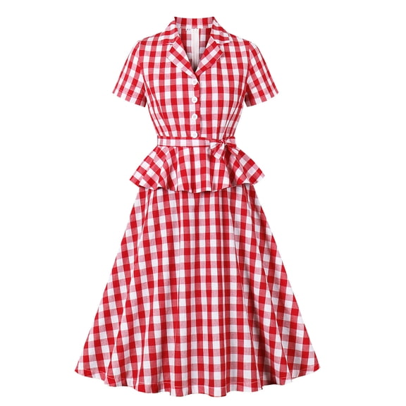 Xihbxyly Dress for Women Oversized Plaid Print Off the Shoulder Cocktail-Length Dress Leisure Slim Fit Short Sleeve Ruffle Flowy Dresses