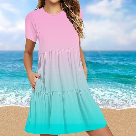 Xihbxyly Dresses for Women Oversized Gradient Print Off the Shoulder Mid-Length Dress Quick Dry Slim Fit Short Sleeve Ruffle Flowy Dresses