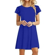 Xihbxyly Dresses for Women 2024 Women'S Summer Dress Sleeveless Ruffle Sleeve Round Neck Mini Dress Solid Loose Short Flowy Dress Wedding Guest Dresses for Women Blue XL Items Under 10 Dollars