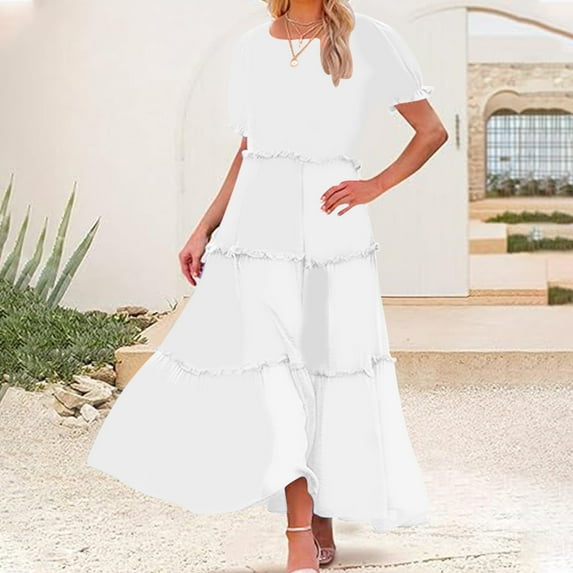 Xihbxyly Dresses for Women Summer Boho Solid Print Off the Shoulder Long Dress Casual Slim Fit Short Sleeve Sundresses