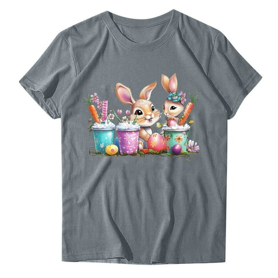 Xihbxyly Easter Shirt 2024 Easter Eggs Happy Easter Print Men and Women Loose Plus Size Short Sleeves Bunny Crew Shirt for Girl Easter Teacher Shirt Easter Bunny Shirt Women