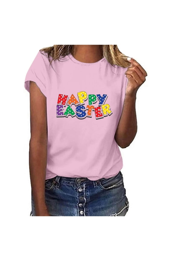 Easter Shirt 2025 Easter Eggs Happy Easter Print Men and Women Loose Plus Size Short Sleeves Bunny Crew Shirt for Girl Easter Teacher Shirt Easter Bunny Shirt Women