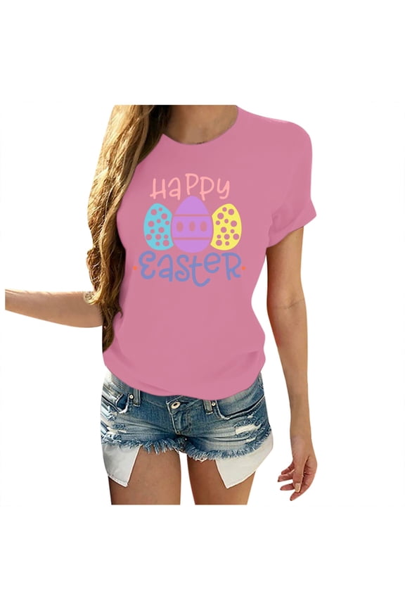 Easter Shirts for Women 2025 Easter Eggs Happy Easter Print Men And Women Loose Plus Size Short Sleeves Easter Rabbit Print Tees Easter Tops Easter Bunny Shirt Women