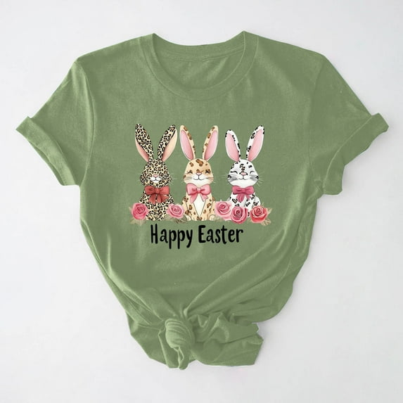 Xihbxyly Easter Shirts for Women Funny Bunny T-Shirt Loose Plus Size Short Sleeves Graphic Tee Tops Easter Egg Holiday Shirt Round Neck Top
