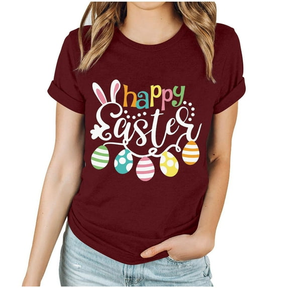 Xihbxyly Easter Shirts for Women Funny Bunny T-Shirt Loose Plus Size Short Sleeves Graphic Tee Tops Easter Egg Holiday Shirt Round Neck Top