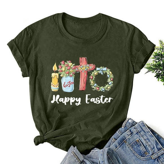 Xihbxyly Easter Shirts for Women Funny Bunny T-Shirt Loose Plus Size Short Sleeves Graphic Tee Tops Easter Egg Holiday Shirt Round Neck Top