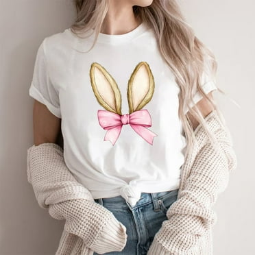 Xihbxyly Easter Shirts for Women Funny Bunny T-Shirt Loose Plus Size Short Sleeves Graphic Tee Tops Easter Egg Holiday Shirt Round Neck Top
