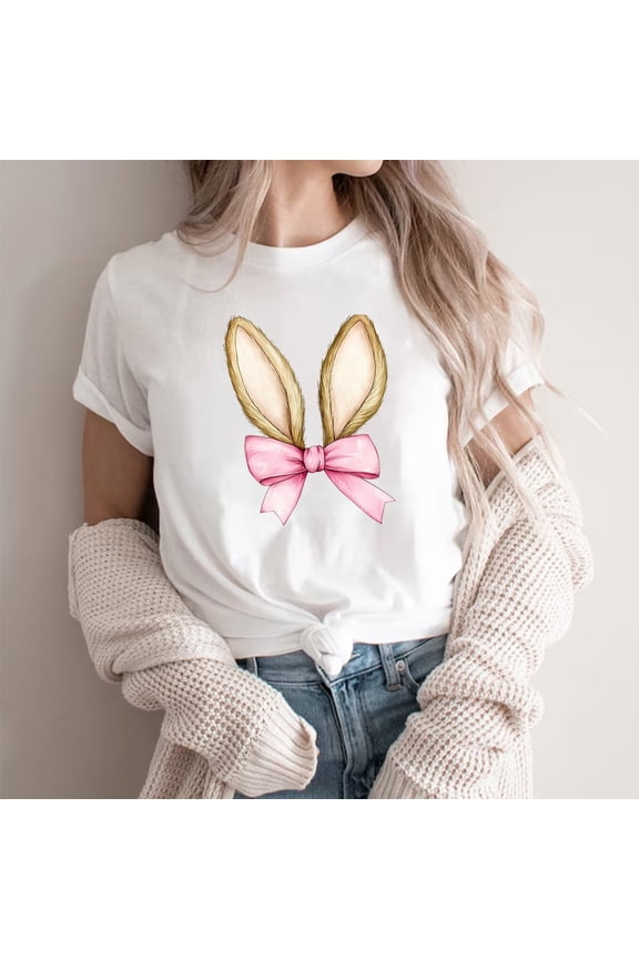 Easter Shirts for Women Funny Bunny T-Shirt Loose Plus Size Short Sleeves Graphic Tee Tops Easter Egg Holiday Shirt Round Neck Top