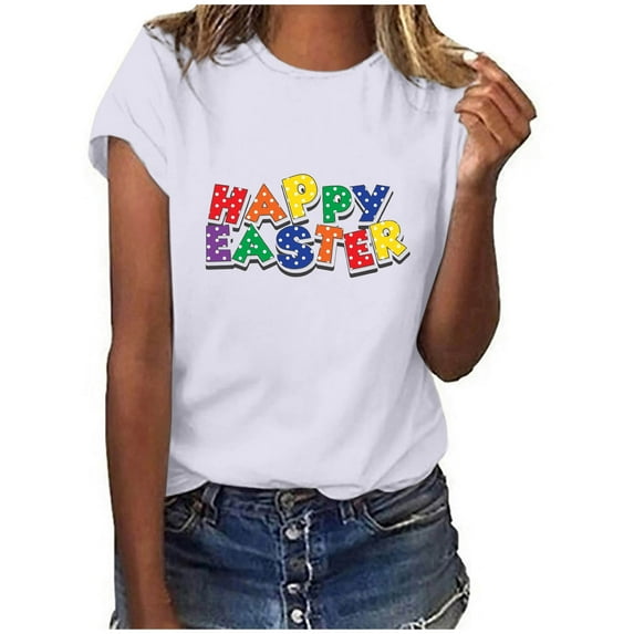 Xihbxyly Easter Shirts for Women Funny Bunny T-Shirt Loose Plus Size Short Sleeves Graphic Tee Tops Easter Egg Holiday Shirt Round Neck Top