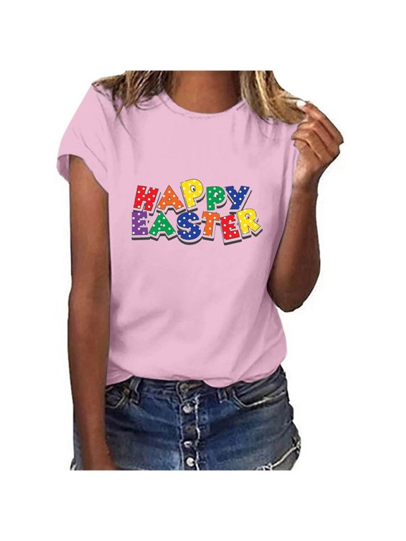 Easter Shirts for Women Funny Bunny T-Shirt Loose Plus Size Short Sleeves Graphic Tee Tops Easter Egg Holiday Shirt Round Neck Top