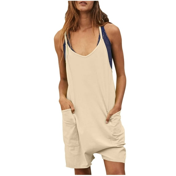Xihbxyly Jumpsuits for Women Casual Womens Summer Casual Sleeveless Rompers Loose Spaghetti Strap Shorts Jumpsuit Linen Scoop Neck Wide Leg Jumpsuit with Pockets