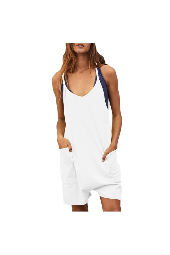 Jumpsuits for Women Casual Womens Summer Casual Sleeveless Rompers Loose Spaghetti Strap Shorts Jumpsuit Linen Scoop Neck Wide Leg Jumpsuit with Pockets
