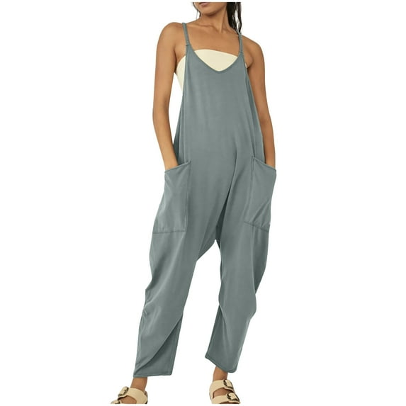 Xihbxyly Jumpsuits for Women, Women's Cotton Linen Loose Casual Sleeveless Adjustable Spaghetti Strap Long Jumpsuits Stretchy Wide Leg Rompers with Two Pockets Prime Day 2025