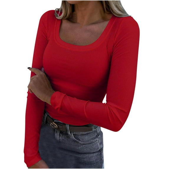 Xihbxyly Knitted Tops for Women, Womens Long Sleeve Tops Womens Scoop Neck Ribbed Knit Fitted Casual Tops Tee Slim Basic Shirts Basic Crop Top
