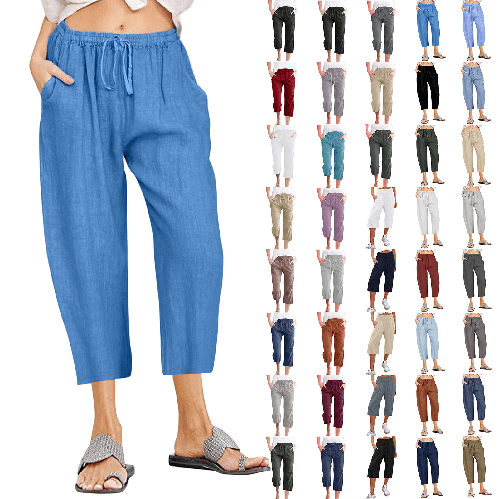 Xihbxyly Linen Pants for Women Womens Pants Cotton Linen Long Lounge Pants  Drawstring Back Elastic Waist Pants Casual Trousers with Pockets, Blue, M 1  Dollar Items for Girls #3 