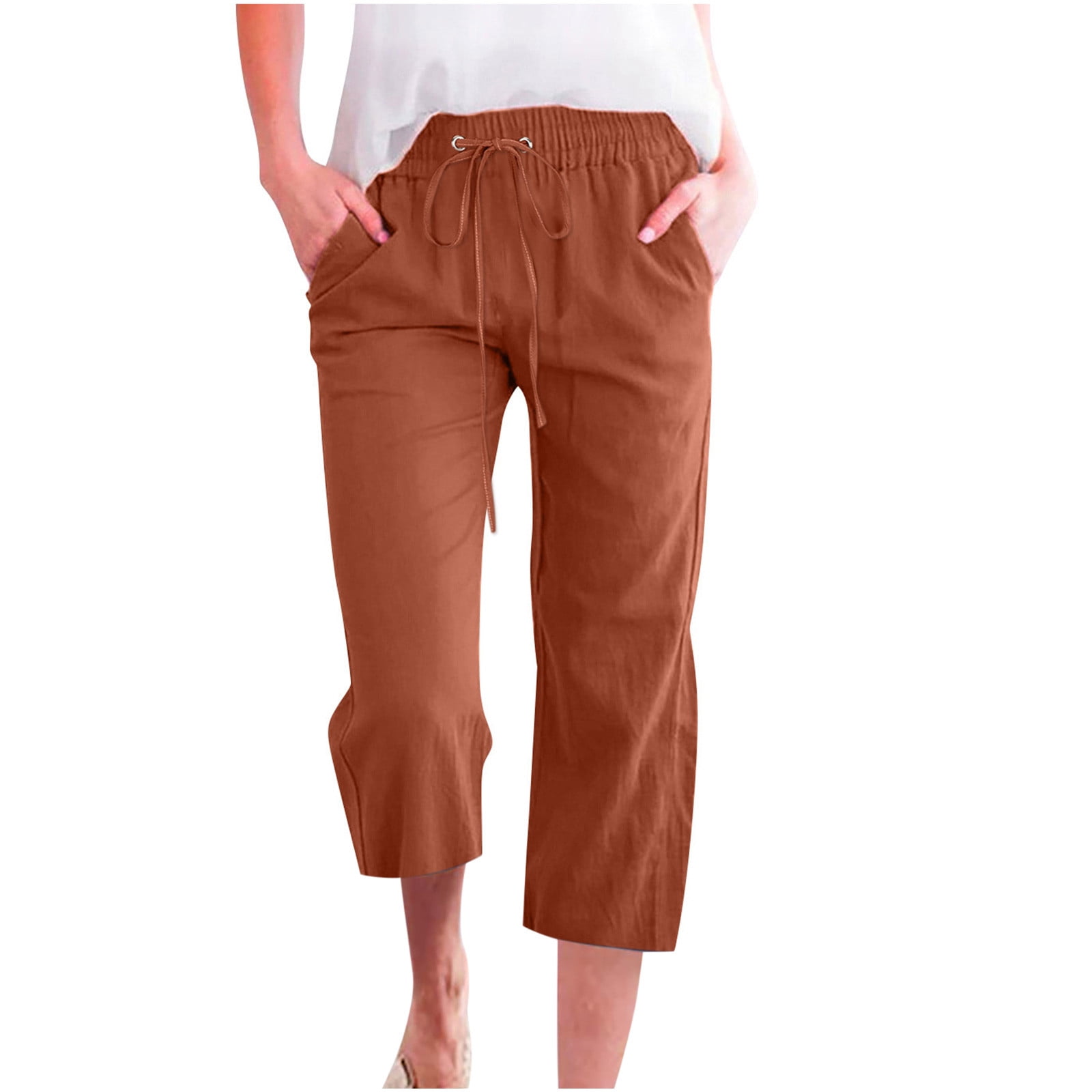 Xihbxyly Linen Pants for Women Womens Pants Cotton Linen Long Lounge Pants  Drawstring Back Elastic Waist Pants Casual Trousers with Pockets, Coffee