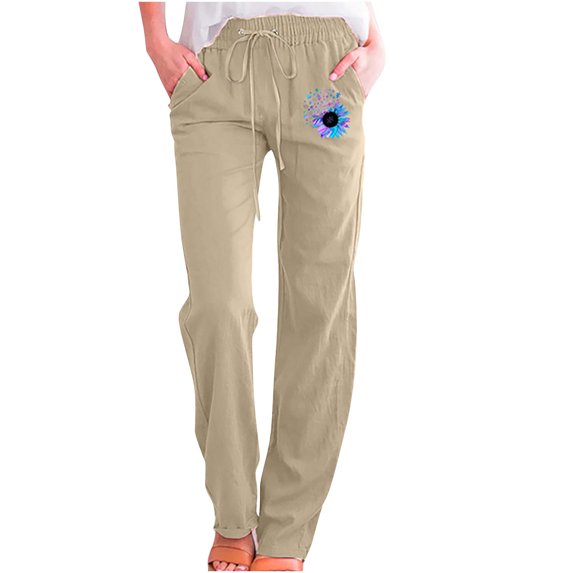 Xihbxyly Linen Pants for Women Womens Pants Cotton Linen Long Lounge Pants Drawstring Back Elastic Waist Pants Casual Trousers with Pockets, Beige, XL Deals of the Day Lightning Deals