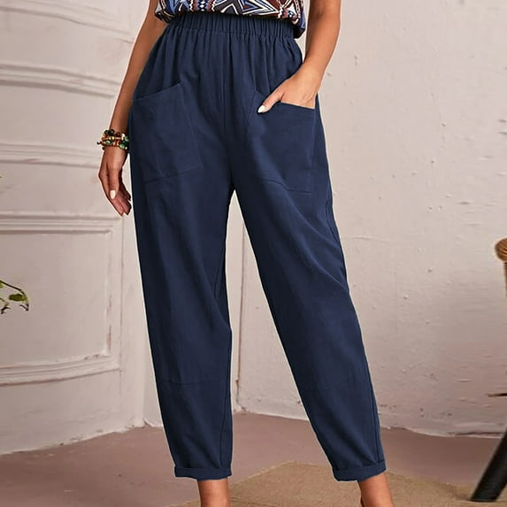 Xihbxyly Linen Pants for Women Womens Pants Cotton Linen Long Lounge Pants Drawstring Back Elastic Waist Pants Casual Trousers with Pockets, Navy, XXL