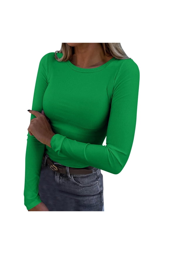 Long Sleeve Basic Tops for Women, Women's Ribbed Scoop Neck Slim Fitted T Shirts Basic Solid Long Sleeve Layering Tee Tops