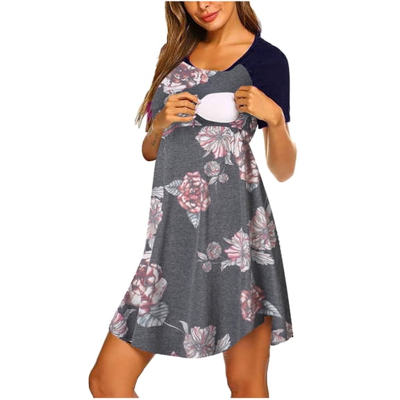 Xihbxyly Maternity Dress Women's Round Neck Print Patchwork Short Sleeve Breast Feeding Pregnant Woman Nursing Sleepwear Dress