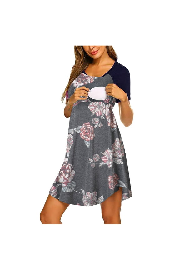Maternity Dress Women's Round Neck Print Patchwork Short Sleeve Breast Feeding Pregnant Woman Nursing Sleepwear Dress