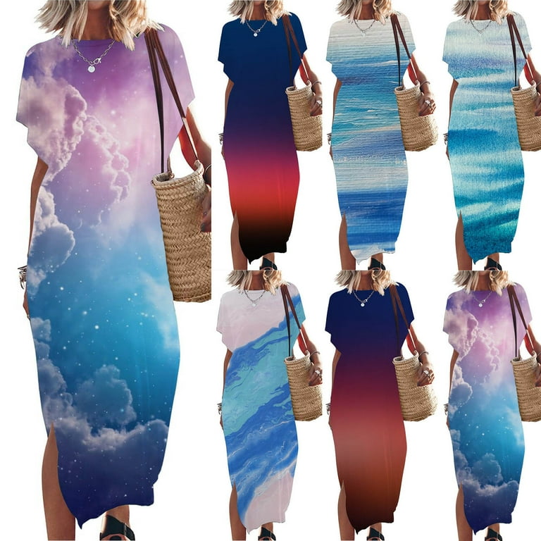 Xihbxyly Maxi Dress for Women, Women's Casual Loose Sundress Long Dress  Short Sleeve Crew Neck Split Maxi Dresses Summer Beach Dress with Pockets  Ropa