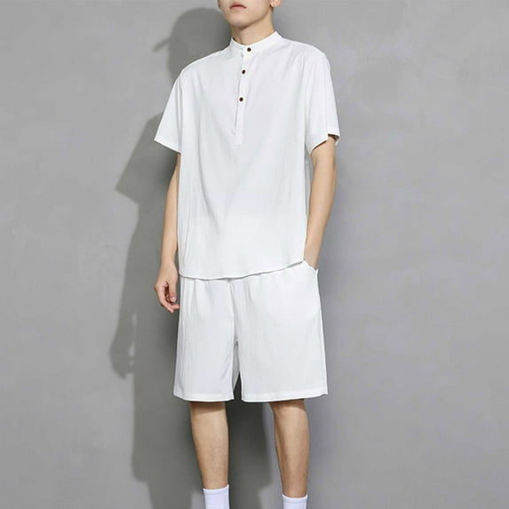 Xihbxyly Men Casual Button Pullover Linen Stand Collar Short Sleeve T-Shirt Elastic Shorts Two-Piece Set 521