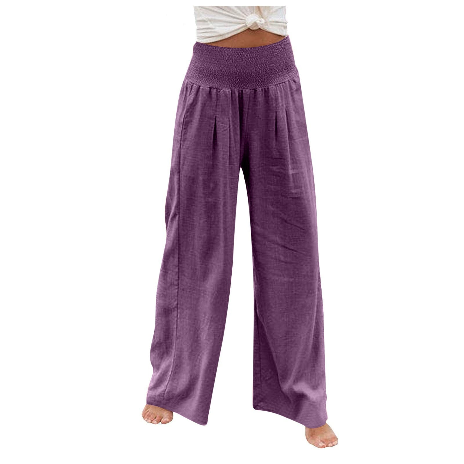 Halara Pants for Women Plus Size Loose Fit Mid Elastic Waist Casual Cotton  And Linen Pants with Pockets ,Purple 