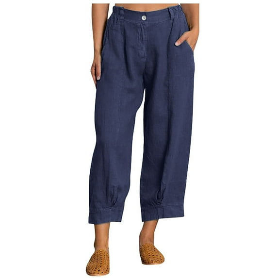 Xihbxyly Plus Size Linen Pants for Women Clearance Summer Cotton Pants Women 2024 Soft Casual Solid Color Drawstring Tie Elastic Waist Cargo Pants with Pockets Loose Fit Navy M #1