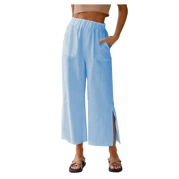 Xihbxyly Plus Size Linen Pants for Women Clearance Summer Cotton Pants Women 2023 Soft Casual Solid Color Drawstring Tie Elastic Waist Cargo Pants with Pockets Loose Fit Blue XXL #5