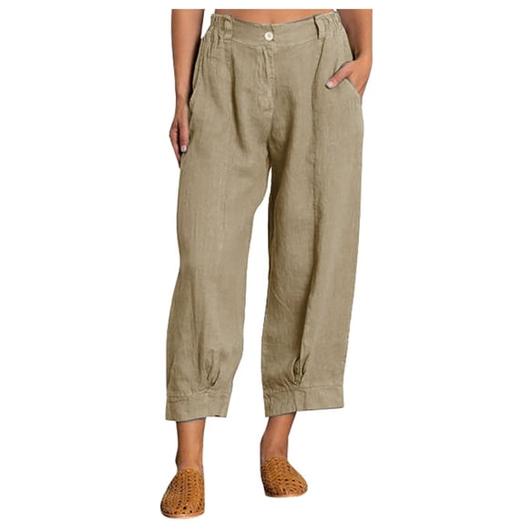 Xihbxyly Plus Size Linen Pants for Women Clearance Summer Cotton Pants Women 2024 Soft Casual Solid Color Drawstring Tie Elastic Waist Cargo Pants with Pockets Loose Fit Khaki M #3