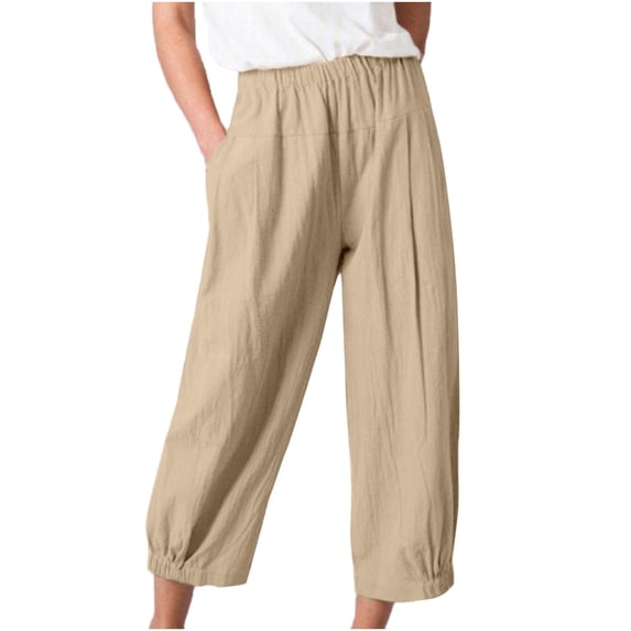 Xihbxyly Plus Size Linen Pants for Women Clearance Summer Cotton Pants Women 2024 Soft Casual Solid Color Drawstring Tie Elastic Waist Cargo Pants with Pockets Loose Fit Khaki XL #1