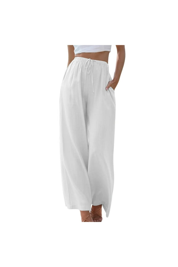 Plus Size Linen Pants for Women Summer Cotton Pants Women 2025 Soft Casual Solid Color Drawstring Tie Elastic Waist Cargo Pants with Pockets Loose Fit White XXXL #4