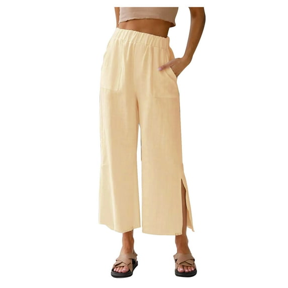 Xihbxyly Plus Size Linen Pants for Women Summer Cotton Pants Women 2025 Soft Casual Solid Color Drawstring Tie Elastic Waist Cargo Pants with Pockets Loose Fit Yellow M #1