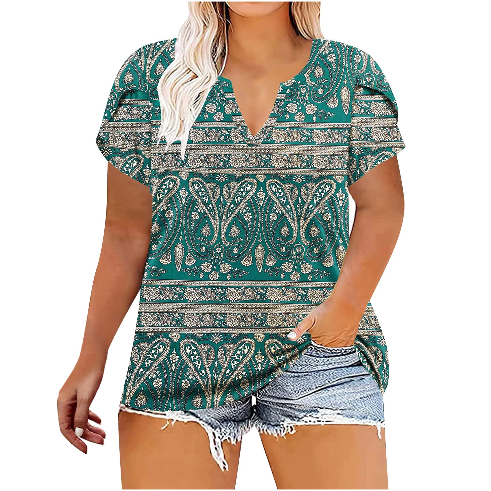Plus Size V-Neck Tunic Top - Short Sleeve Wrap Blouse, Tie Front, Casual Shirt For Women 1X-5X
